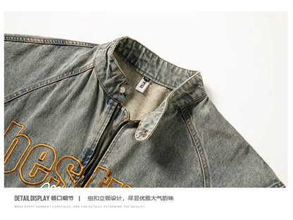 high street vintage washed denim jacket men american style embroidery label stand collar ruffian handsome motorcycle jeans coats unique jeans style 5391