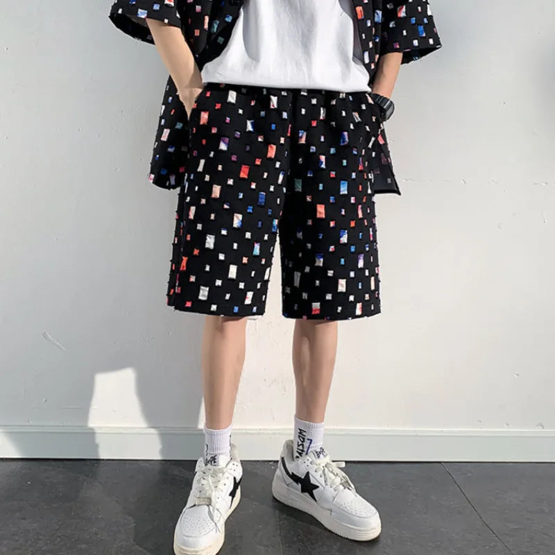 Summer Plaid Sets Men Fashion Short Sleeved Shirt/Shorts Two-piece Mens Streetwear Loose Hollow Out Set Mens Short Sets M-5XL Street King Limited
