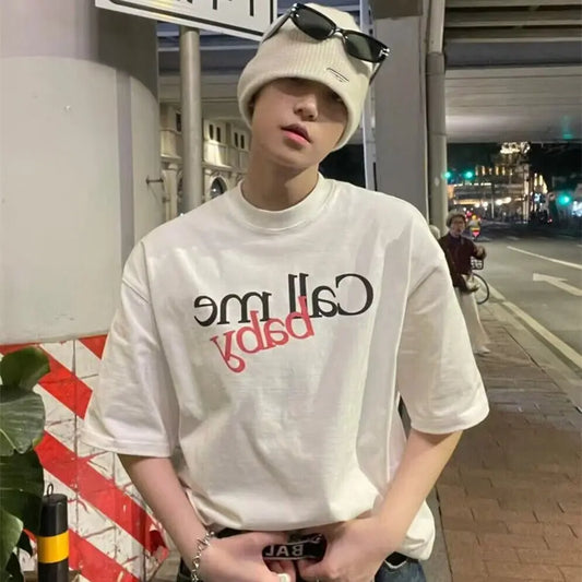 Summer men Korean retro fun printed half sleeved T shirt Fashion simple y2k couple personality hip hop loose round neck top Street King Limited