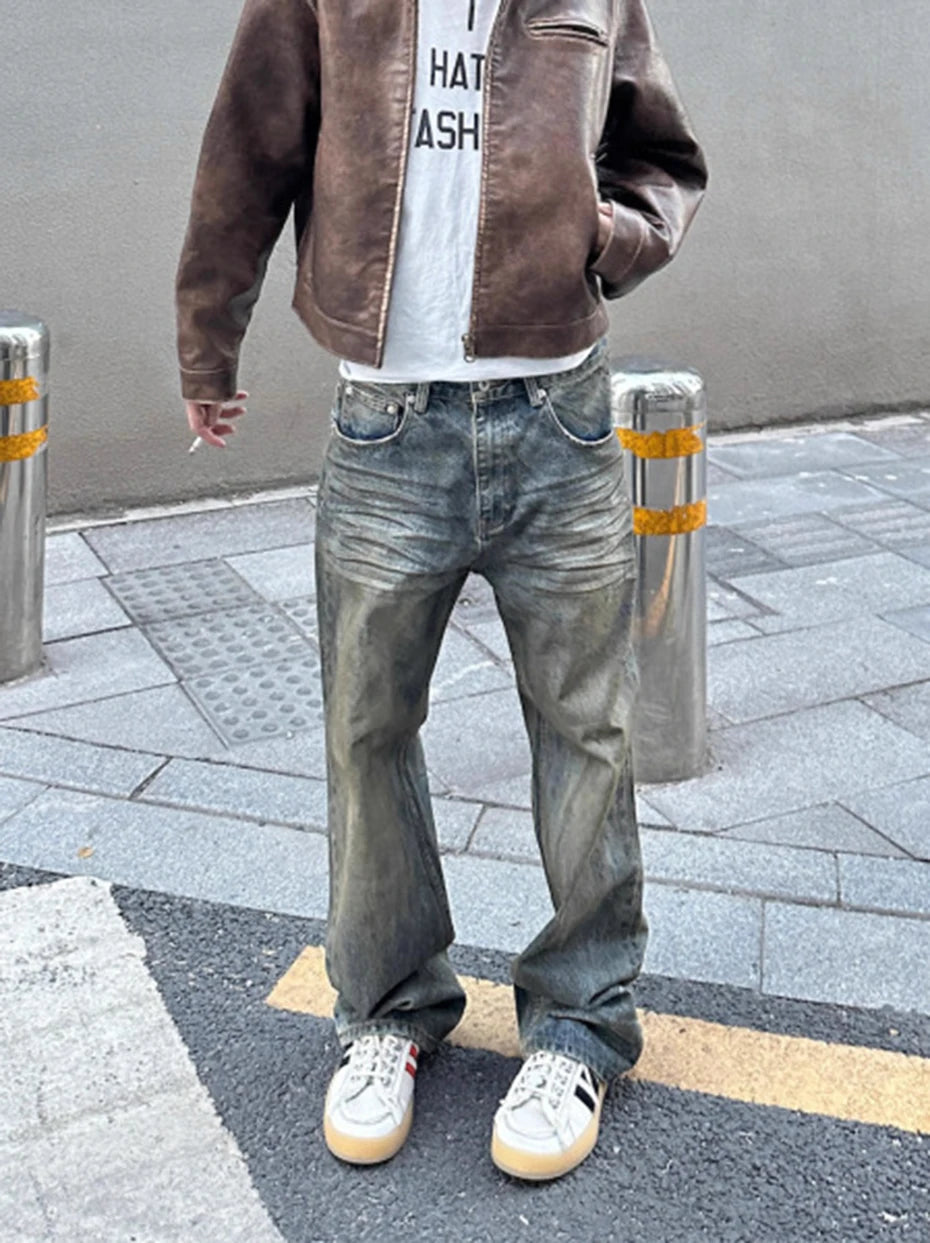 vintage men jeans blue baggy denim pants dirty washed retro loose straight jeans trousers unique jeans style 5905