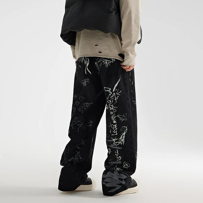 fashion graffiti printed denim jeans men unisex casual zipper wide legs straight jeans streetwear hip hop baggy pants joggers casual joggers