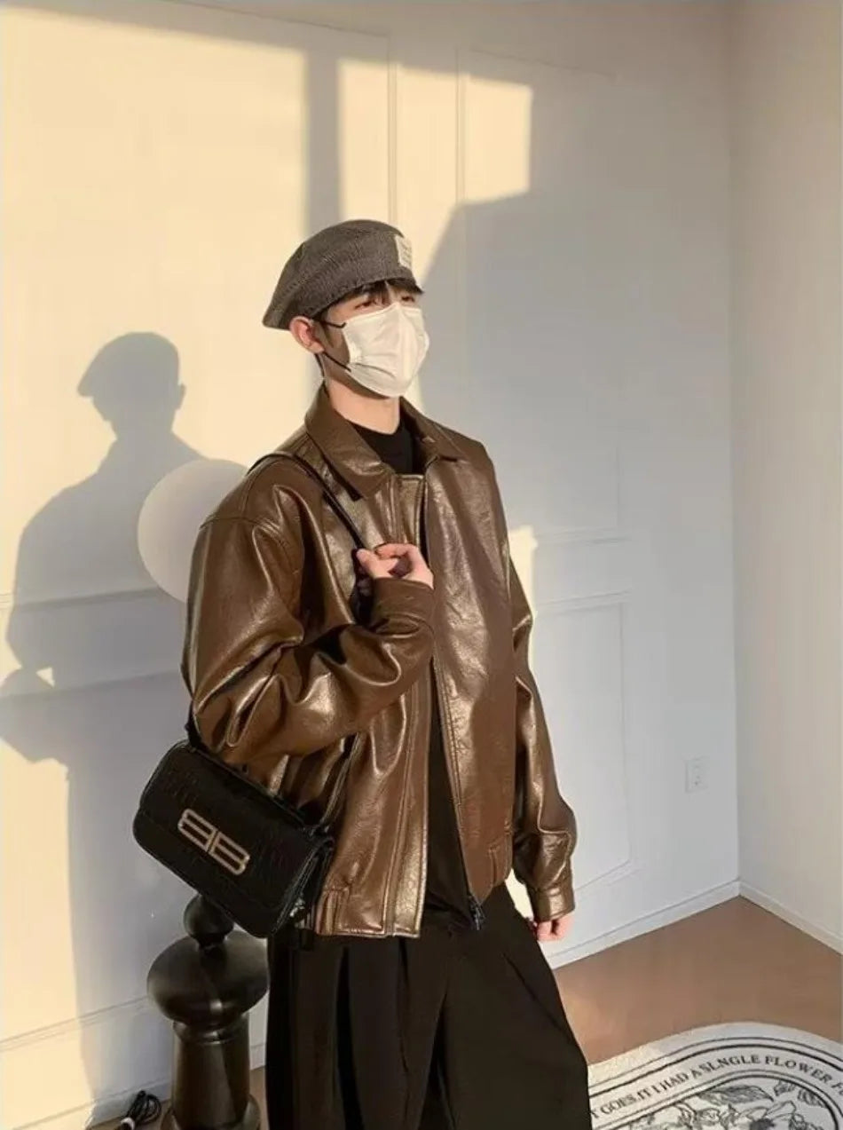 new retro short pu leather jacket mens brown japanese hip hop bomber coats motorcycle punk trend windbreaker y2k streetwear unique shorts style 3437