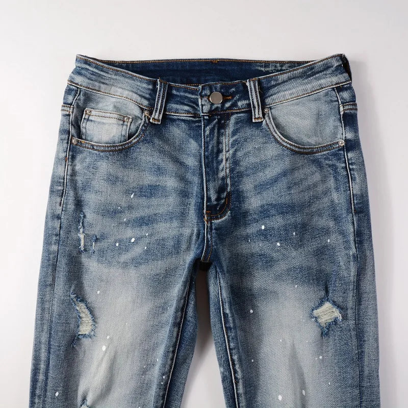 high street printed ripped holes denim jeans mens casual slim fit biker zipper trousers streetwear hip hop jean pants joggers unique joggers style 2449