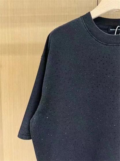 BALCG Style Original Heavy duty Starry Sky Washed Olded Starry Sky Rhinestone Oversized Loose Short sleeved T-shirt White Street King Limited