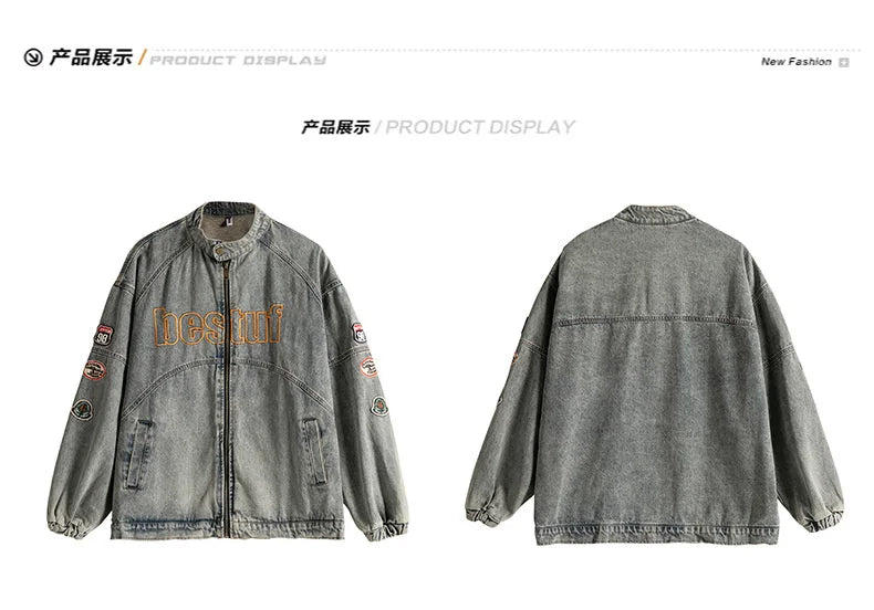 high street vintage washed denim jacket men american style embroidery label stand collar ruffian handsome motorcycle jeans coats unique jeans style 5390
