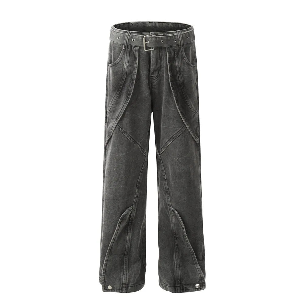 american high street vibe fashion splice jeans mens belt loose casual vintage wide leg straight denim baggy jeans pants trouser unique jeans style 1370