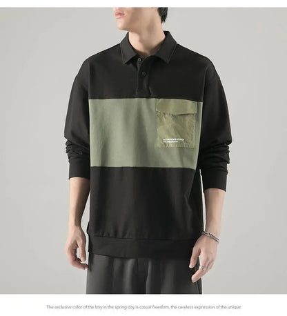 New polo shirt men's contrast color lapel spliced long sleeve t-shirt japanese large size loose sweatshirt bottoming shirt tops Street King Limited