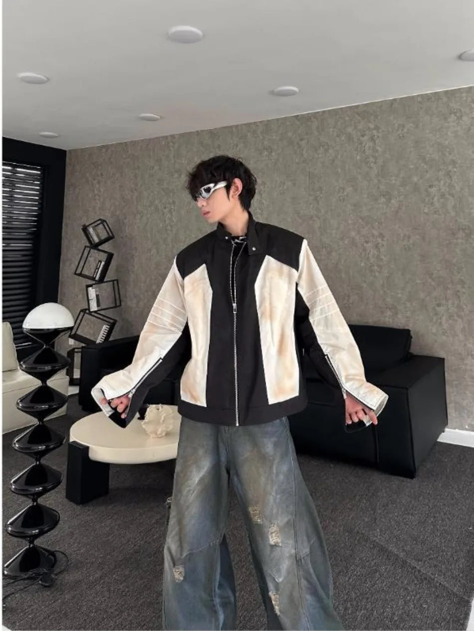 street american color block mens jacket 2024 new autumn zipper patchwork shoulder pads racing coats motorcycle windbreaker unique default style 3223