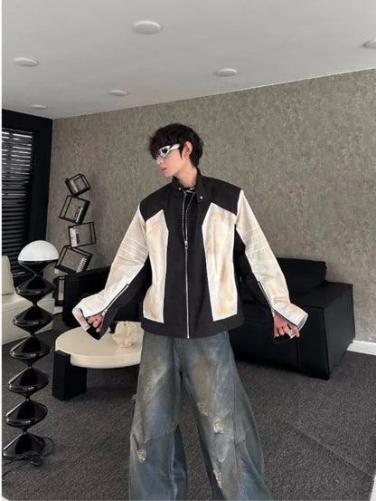 street american color block mens jacket 2024 new autumn zipper patchwork shoulder pads racing coats motorcycle windbreaker unique default style 3223