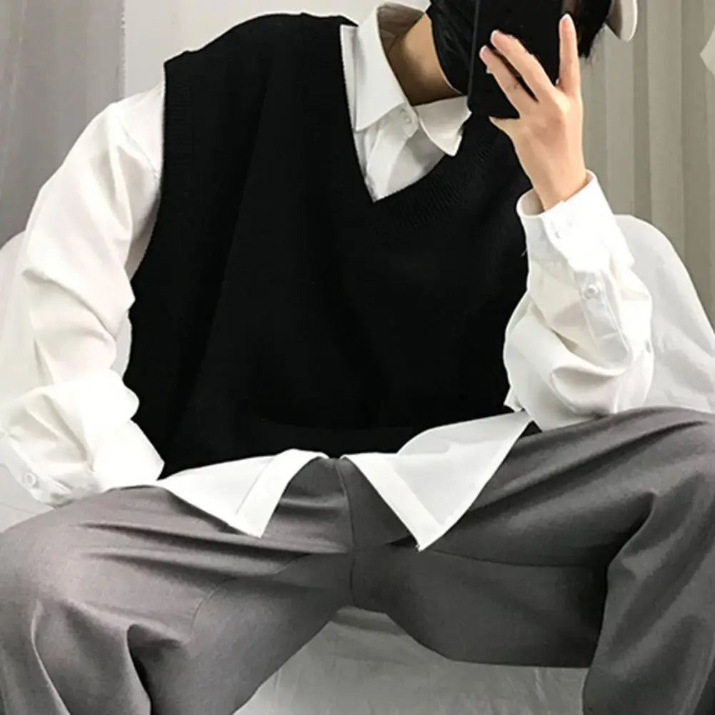 Men Sweater Vest V Neck Solid Color Sleeveless All Match Spring Sweater for School Male Pullovers Men's Clothing Streetwear Street King Limited