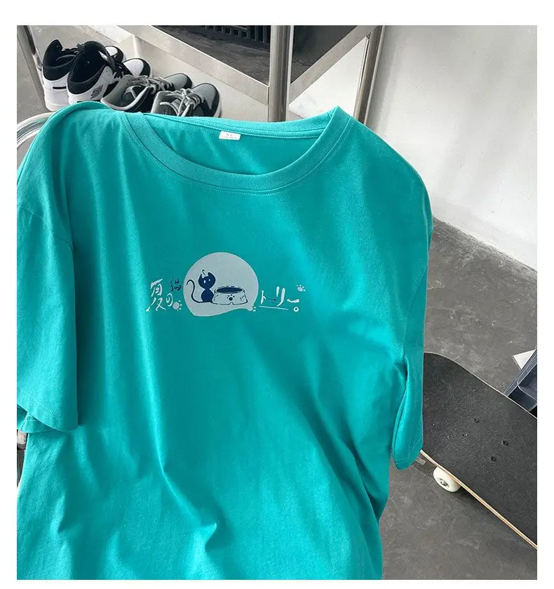 Korean style fun cat print men short-sleeved T-shirt new lazy style y2k simple casual versatile salt loose half-sleeved T-shirt Street King Limited