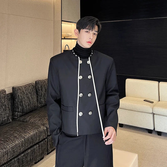 men double breasted drawstring collar loose casual fashion short jacket male korean streetwear vintage coat man drawstring street shorts