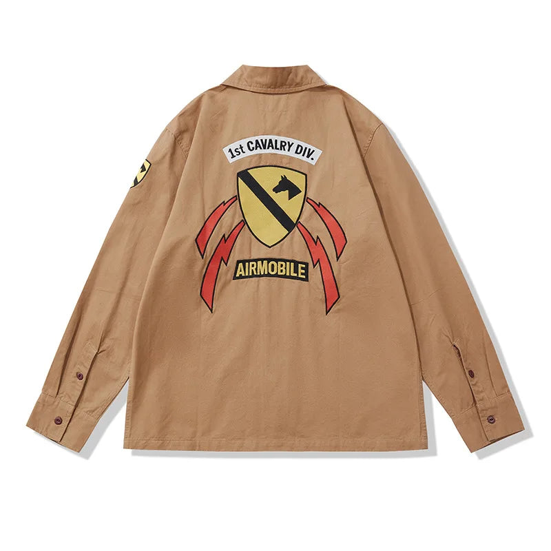 Amekaji Vintage Embroidered Long Sleeve Tooling Shirt Men Spring Autumn New Workwear Lapel Multi-pocket Cargo Shirt Cardigan Top Street King Limited