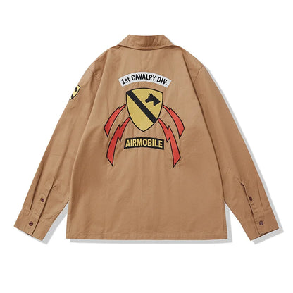 Amekaji Vintage Embroidered Long Sleeve Tooling Shirt Men Spring Autumn New Workwear Lapel Multi-pocket Cargo Shirt Cardigan Top Street King Limited