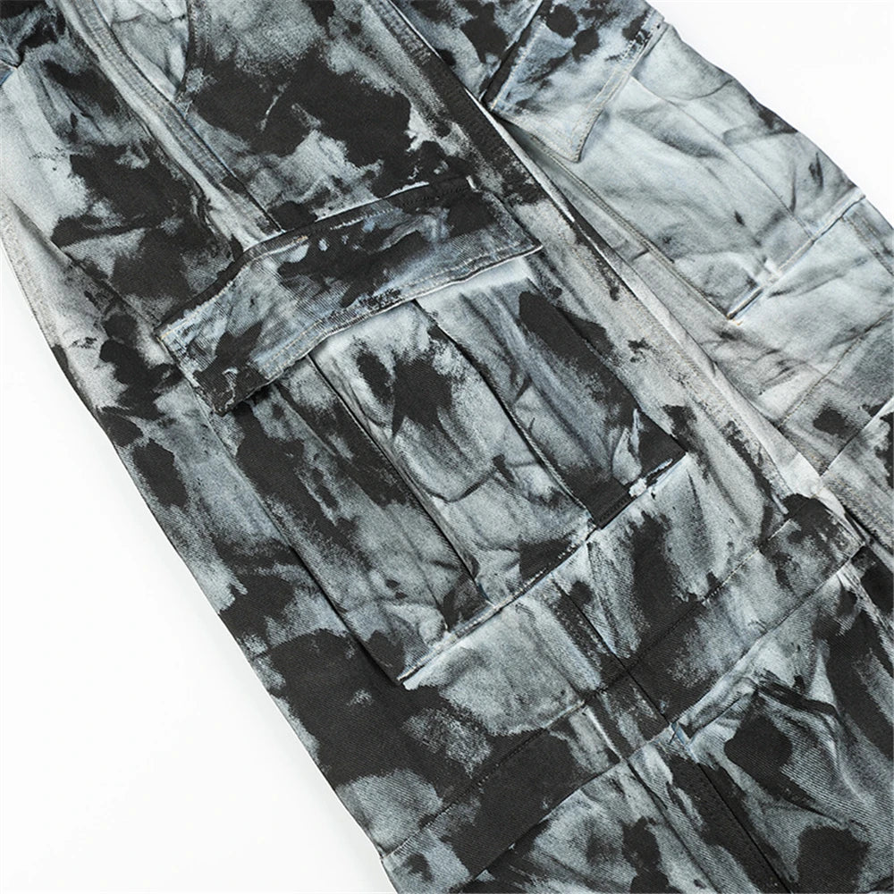 vintage dirty tie dye baggy jeans men multi pocket loose white straight jeans trousers luxury designer oversized denim pant unique jeans style 1934