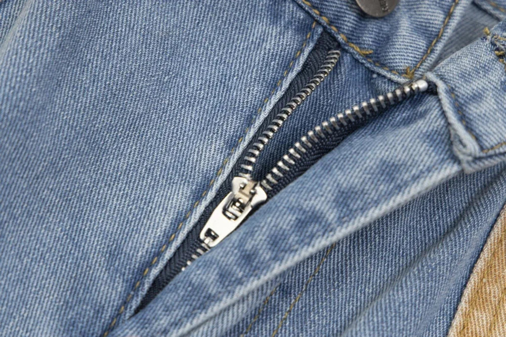 new contrast color pockets washed blue baggy denim trousers mens and women straight patchwork loose casual jeans oversize cargos unique cargo style 183