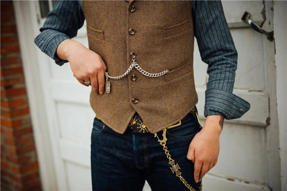 Business Mens Suit Vest Lapel V Neck Wool Herringbone Casual Brown Waistcoat Casual Formal Groomsman Jacket For Wedding Street King Limited