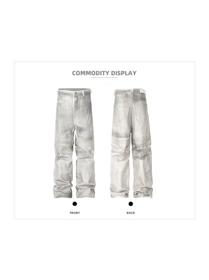 pleat patchwork dir wash racing pants mngu washed distressed white straight overalls dirfit loose trousers menswear bottoms