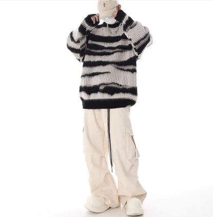 korean hip hop set men striped vintage knit sweater drawstring big pocket cargo pants 2 pcs set spring college casual suit 2024 unique cargo style 4323
