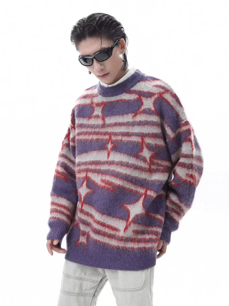 japanese hip hop sweater set men contrast zebra pattern round neck knit top splicing distressed loose jeans 2 pcs harajuku suit unique jeans style 3949