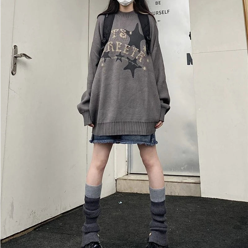 Deeptown Goth Punk Women's Ripped Knitted Sweater Gothic Vintage Jumper Grunge Y2k Knitwear Oversized Autumn Fashion Harajuku Street King Limited