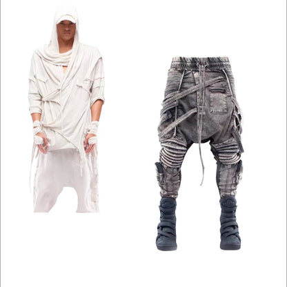 vintage motorcycle trousers joggers mens asymmetric straped pleated cross pants function elastic waist trousers urban active pants