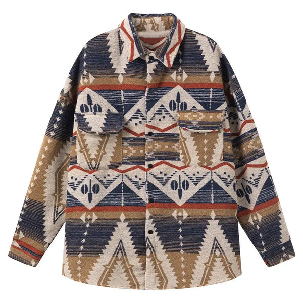 Men's Thickened Long-Sleeved Shirts Geometric Pattern Printed Tops Street Fashion Retro Clothing Spring Autumn Oversized Shirts Street King Limited