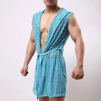 Men Robes Brand Male Sexy Bathrobe Sleepwear Sleeveless Bath Robe Sleep Lounge Badjas Cutout Cardigan Loungewear Mesh Menswear Street King Limited