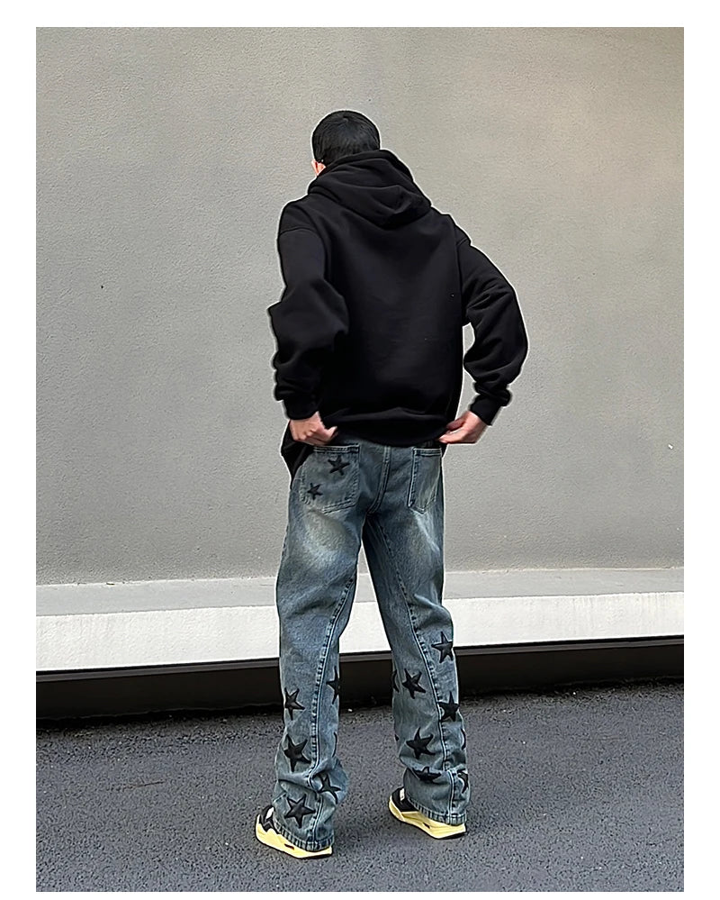 mens high street stars embroidery denim jean pants casual loose straight jeans hip hop y2k unisex pants streetwear joggers unique joggers style 2924