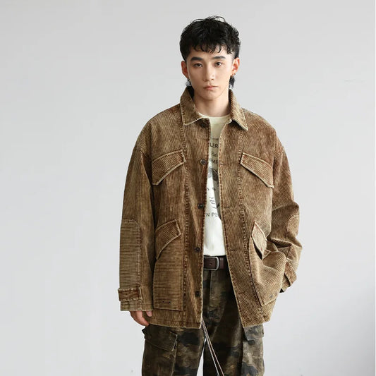 men japanese streetwear vintage fashion loose casual plus size wide fat corduroy cargo jacket cityboy oversize coat outerwear combat utility trousers