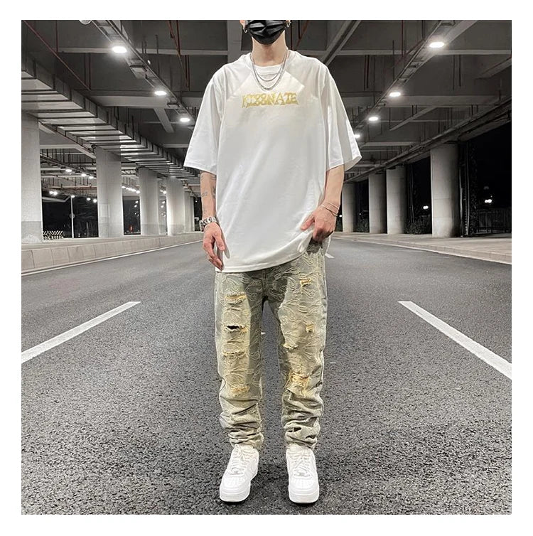 fashion paisy denim jeans mens destoryed holes zipper jeans pants hip hop streetwear new summer casual joggers loose jeans pants unique joggers style 1220