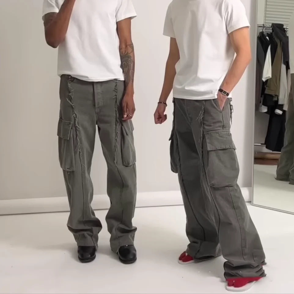 y2k streetwear tassel multi pocket jeans for men straight solid baggy cargo pants pantalones hombre casual denim trousers unique cargo style 893