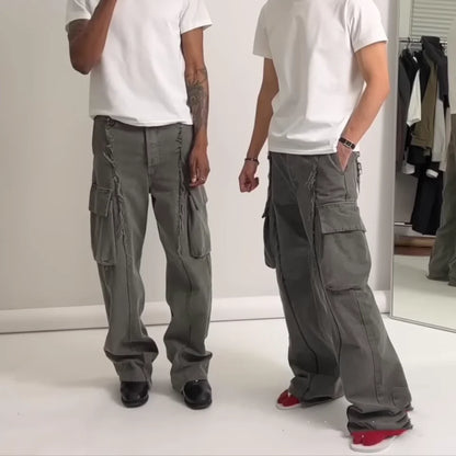y2k streetwear tassel multi pocket jeans for men straight solid baggy cargo pants pantalones hombre casual denim trousers unique cargo style 893
