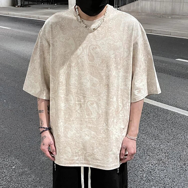 Merican Hip-hop Summer Thin Section Suede Cashew Flower Print Tshirts Tops Men and Women Loose Short-sleeved T-shirts Oversized Street King Limited