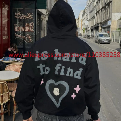 Autumn and Winter American Heavyweight Vintage Long Sleeved Fleece Hooded Sweatshirt Oversize 3D Letter Love Little Ghost Print Street King Limited