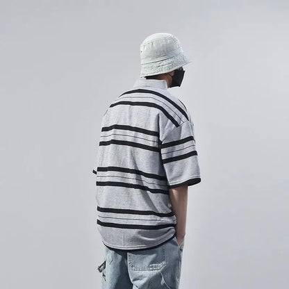 Summer Korean Personalized Men's Retro POLO Shirt Gray and Black Striped Breathable Men's Women's Y2K Summer Half-sleeved Top Street King Limited