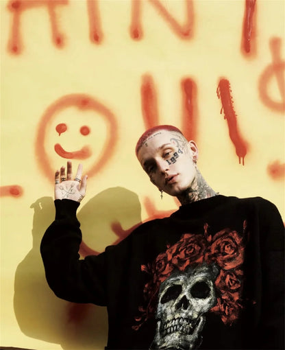 Vintage New Arrival SSSAINT LOUIS Rose Skull Hand-painted High-Street Cotton Casual Pullover Round Neck Sweater Street King Limited