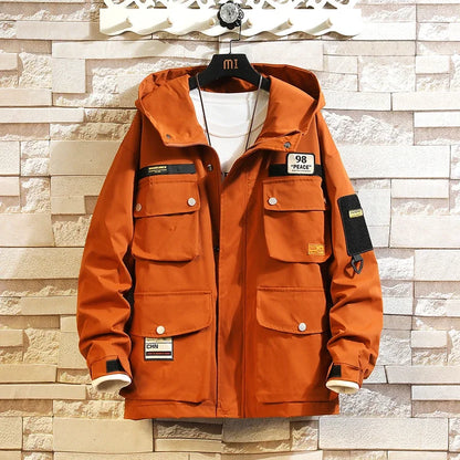 men jacket multi pockets hooded outwear korean fashion patch jackets zipper coats retro techwear oversize men clothing urban fashion pants