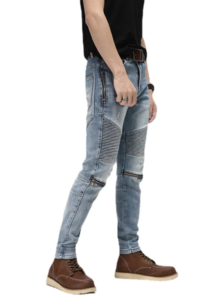 knee zipper patchwork pleated skinny denim jeans men casual slim biker trousers jeans fashion streetwear hip hop pants joggers urban active pants