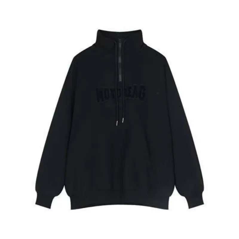 Street Half Zip Hoodie Mens Spring New Vintage Letter Embroidery Loose Sweatshirt Drawstring High Collar Big Pocket Pullover Top Street King Limited