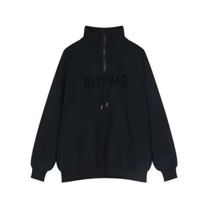 Street Half Zip Hoodie Mens Spring New Vintage Letter Embroidery Loose Sweatshirt Drawstring High Collar Big Pocket Pullover Top Street King Limited