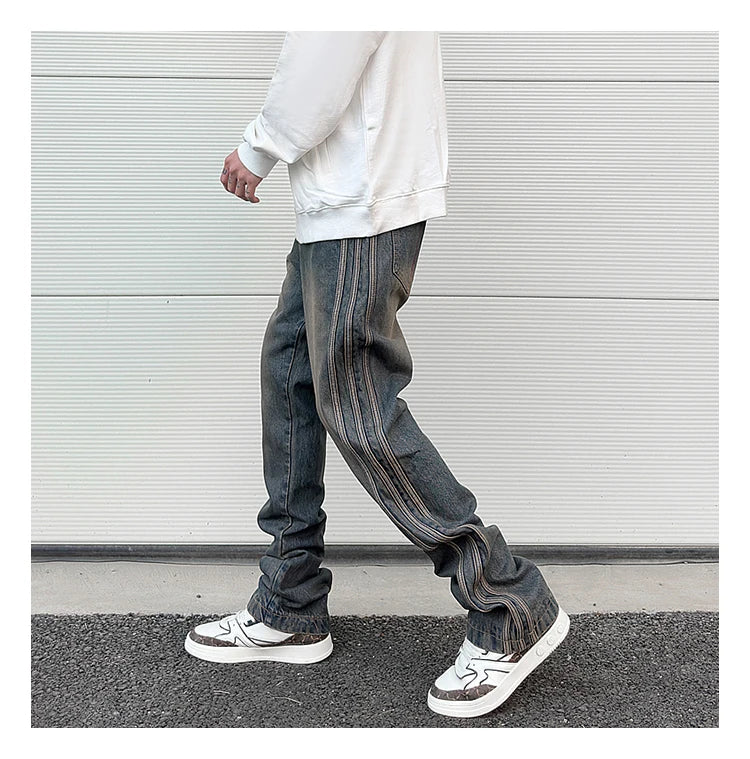 high street vibe washed striped flared jeans dark blue distressed jean casual side stripes slim micro flared jeans pants male unique jeans style 1662