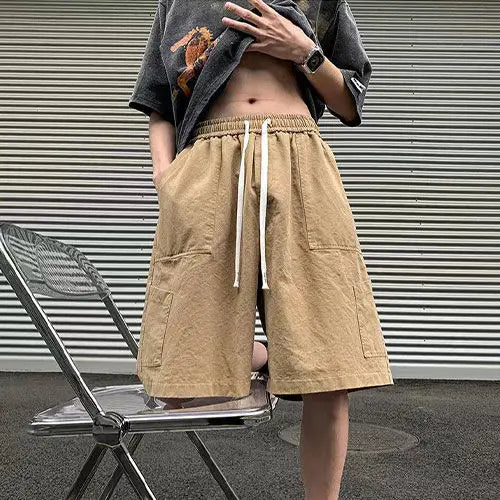 Korean Khaki Cargo Shorts for Men and Women in Summer Y2K Japanese Retro Casual Wide-leg Harajuku Trendy Sports Shorts Street King Limited