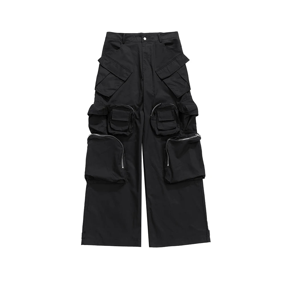 high street multi pokcets functional wide leg cargo pants unisex black straight baggy y2k overalls oversized loose trousers unique cargo style 421