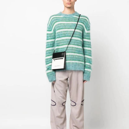 Korean Fashion Striped Patchwork Mohair Knitted Sweaters Retro Mens Oversized Knitwears Y2k Harajuku Female Round Neck Sweaters Street King Limited