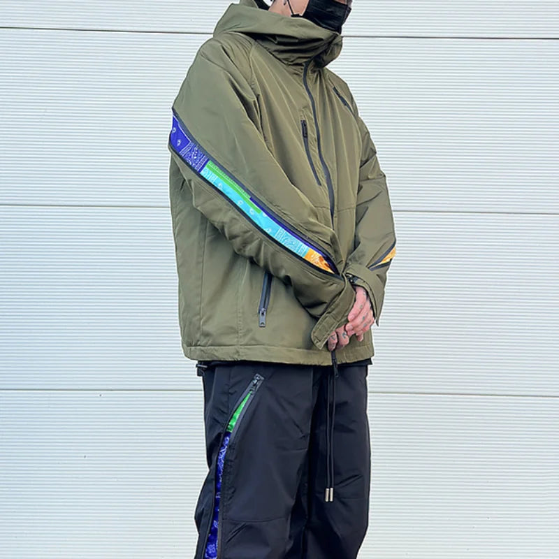 men hip hop streetwear jacket paisley zip up patchwork windbreaker cargo cotton padded coat hooded track jacket tactical outwear multi-pocket cargos