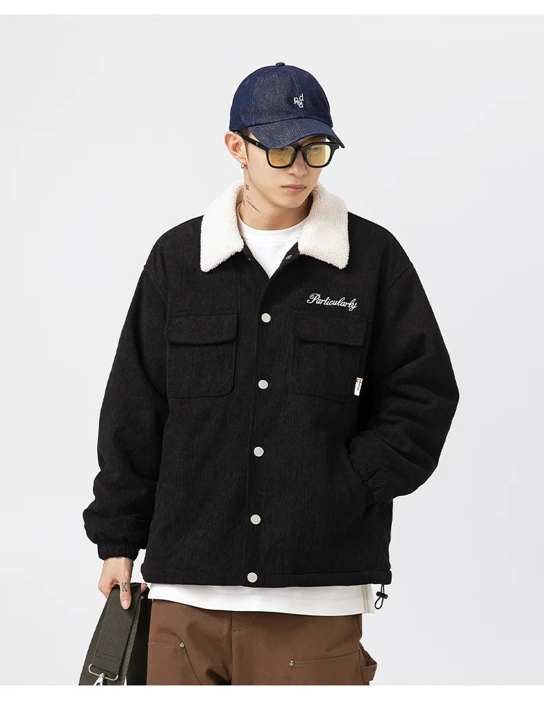 fashion men lamb fleece polo collar cotton padded coat winter embroidery loose thicken warm corduroy wadded jacket male outwear unique default style 6049