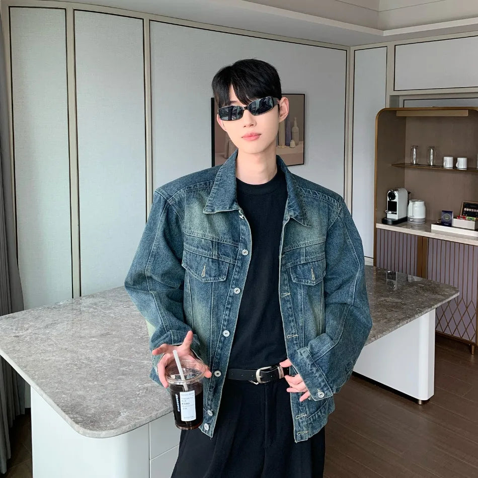 2024 trend mens denim jackets vintage washed design multiple pockets cowboy coats loose shoulder padded cardigan male spring unique jeans style 4054