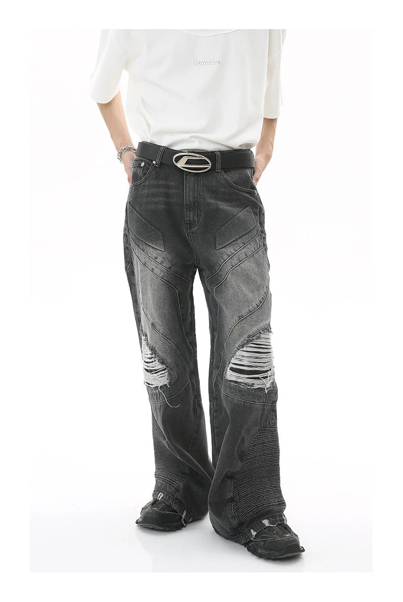 fashion loose streetwear denim jeans new casual wide legs straight jean pants hip hop ripped joggers baggy jeans men clothing unique joggers style 3382
