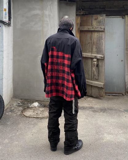 Undermycar 2023 New Worn Out Heavy Work Durable Splice Extra Large Loose Plaid Shirt with Black and Red Plaid Street King Limited